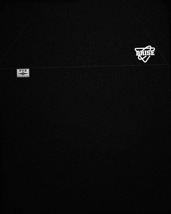 Hoodie back detail: white BRISE shield logo upper right and a small white patch on the back yoke